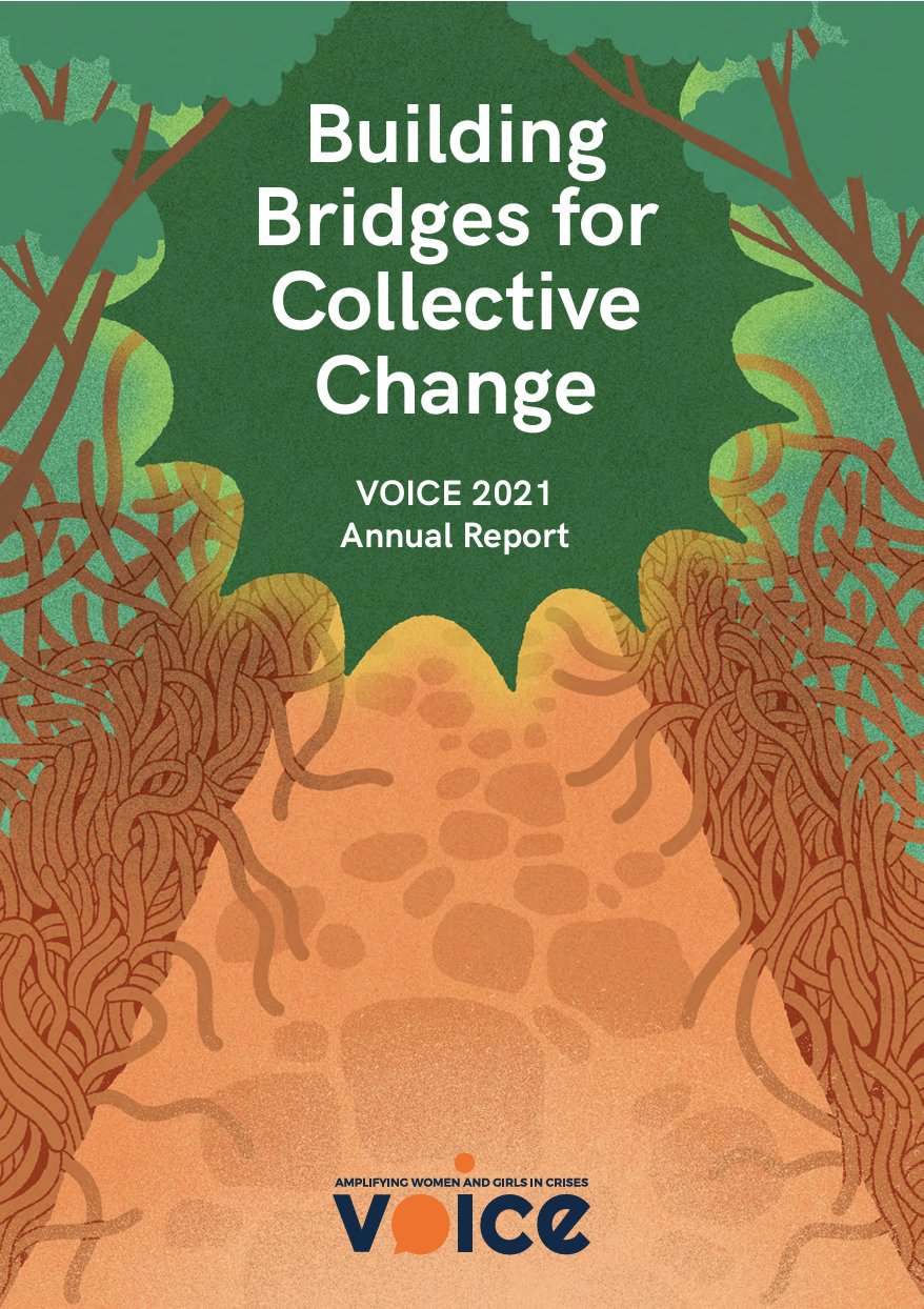 Cover of the VOICE 2021 Annual Report, Building Bridges for Collective Change: an illustrated path between trees and tangled roots