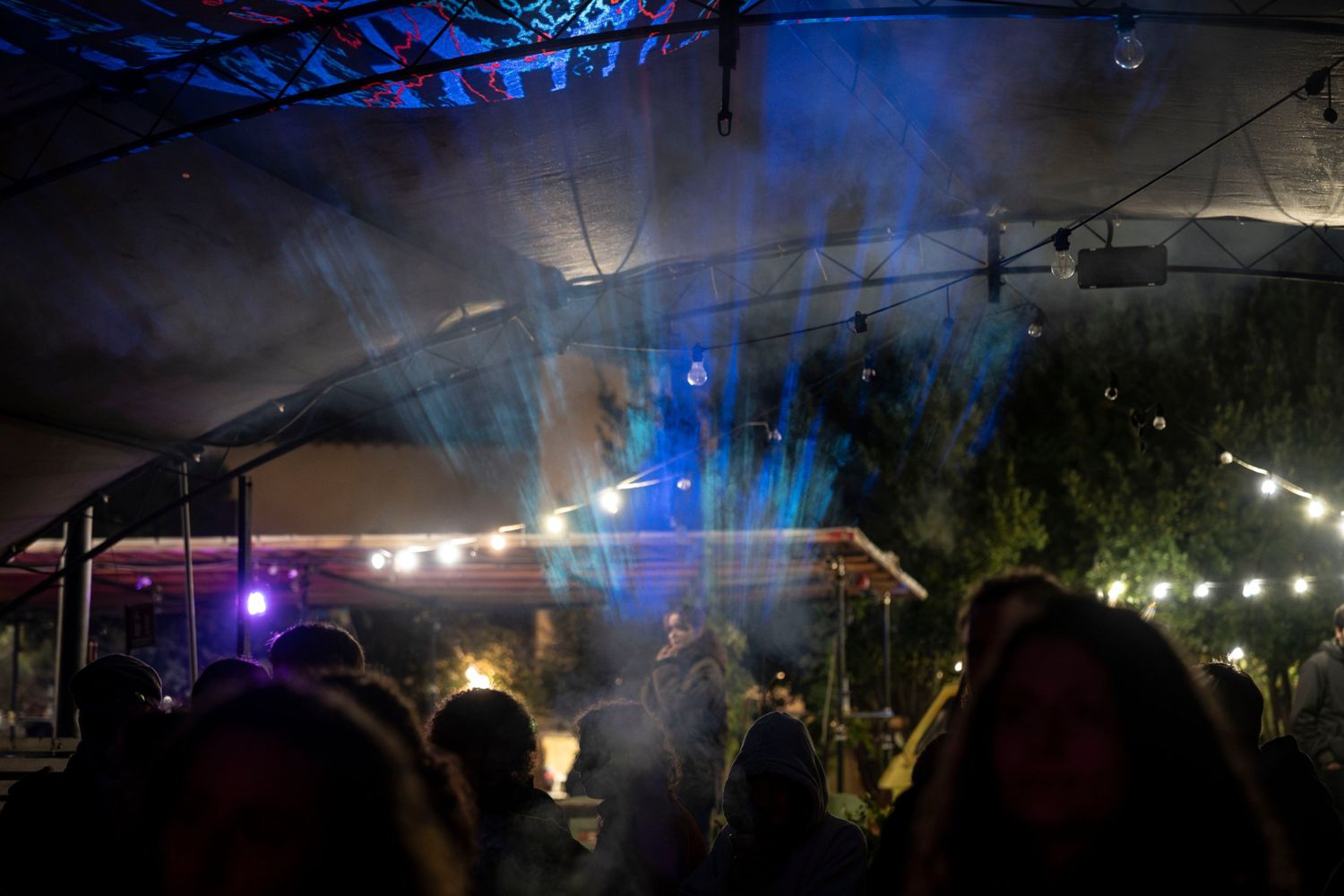 Festival crowd in silhouette under string lights and blue projections